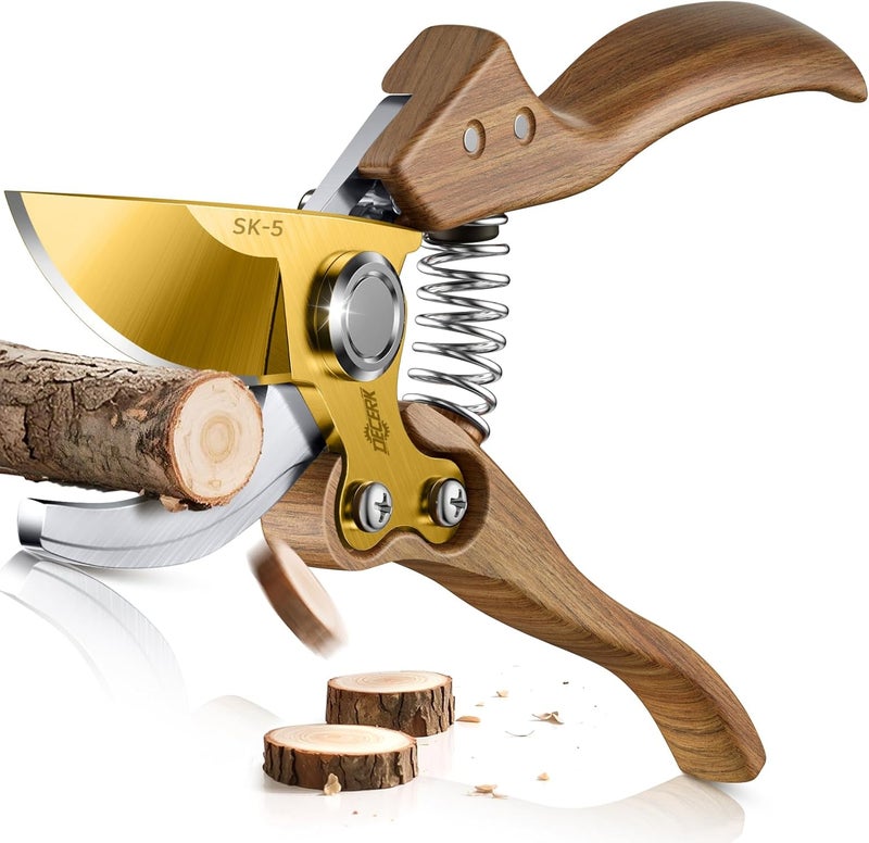 Decerk 8.5" Professional Bypass Pruning Shears – Heavy Duty Garden Scissors & Clippers for Wood & Tree Trimming, Ultra Sharp SK5 Blade, Ergonomic Handle, Perfect Gardening Gift, 2025 Wood-Like Finish - Image 1